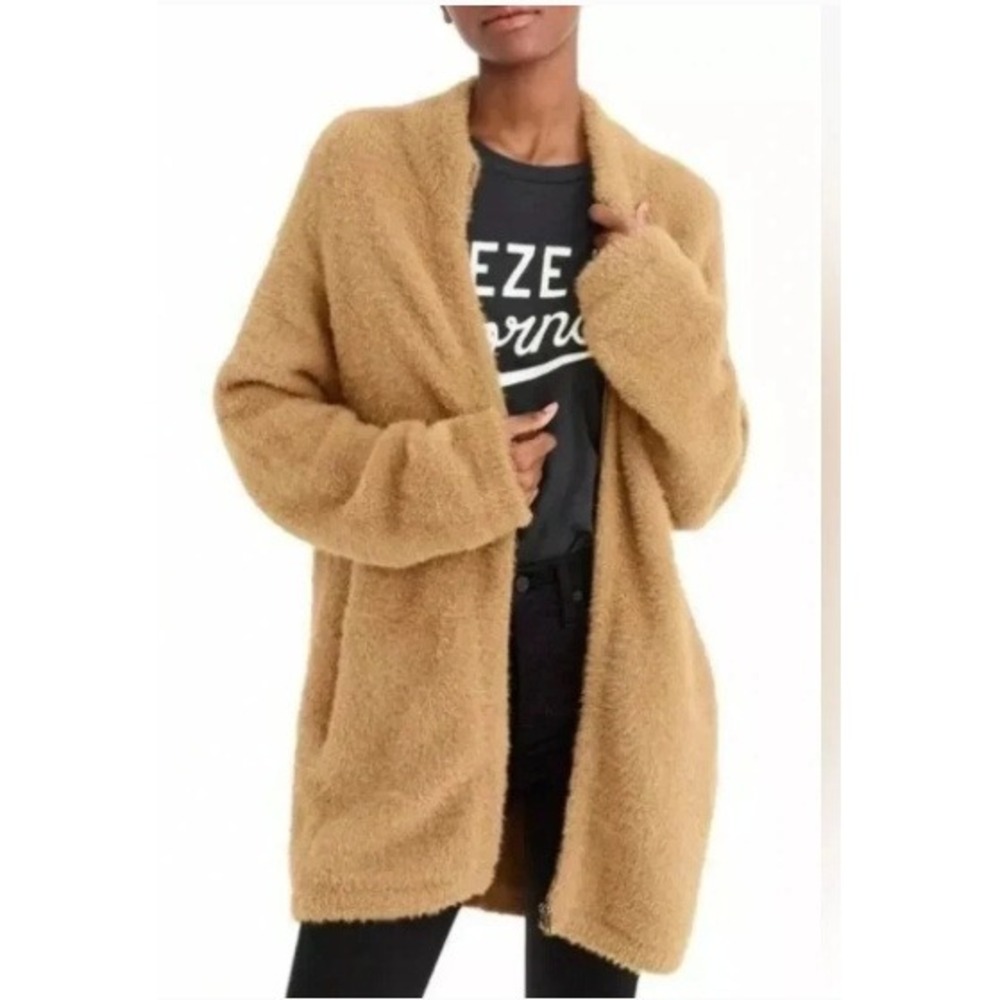Point Sur J.Crew Fuzzy Eyelash Knit‎ Full Zip Cardigan Sweater Camel Brown Small